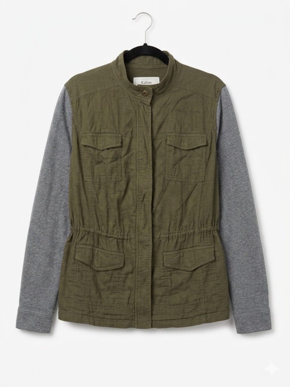 Caslon Olive Green Field Jacket with Gray Cotton Blend Sleeves Zip Up Drawstring